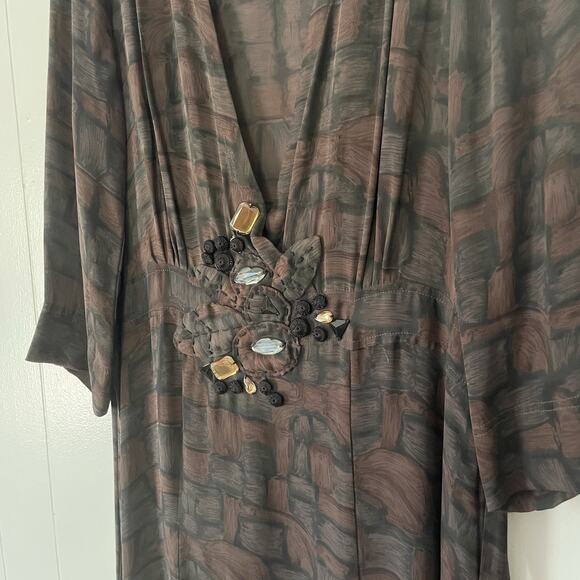Boho Y2K Beaded Tie-Back Midi Dress 90s Silk Brown Abstract Print Applique Sz 10 - Picture 3 of 9